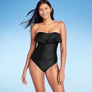 Kona Sol One Piece Black Halter Swimsuit Ruffle Top